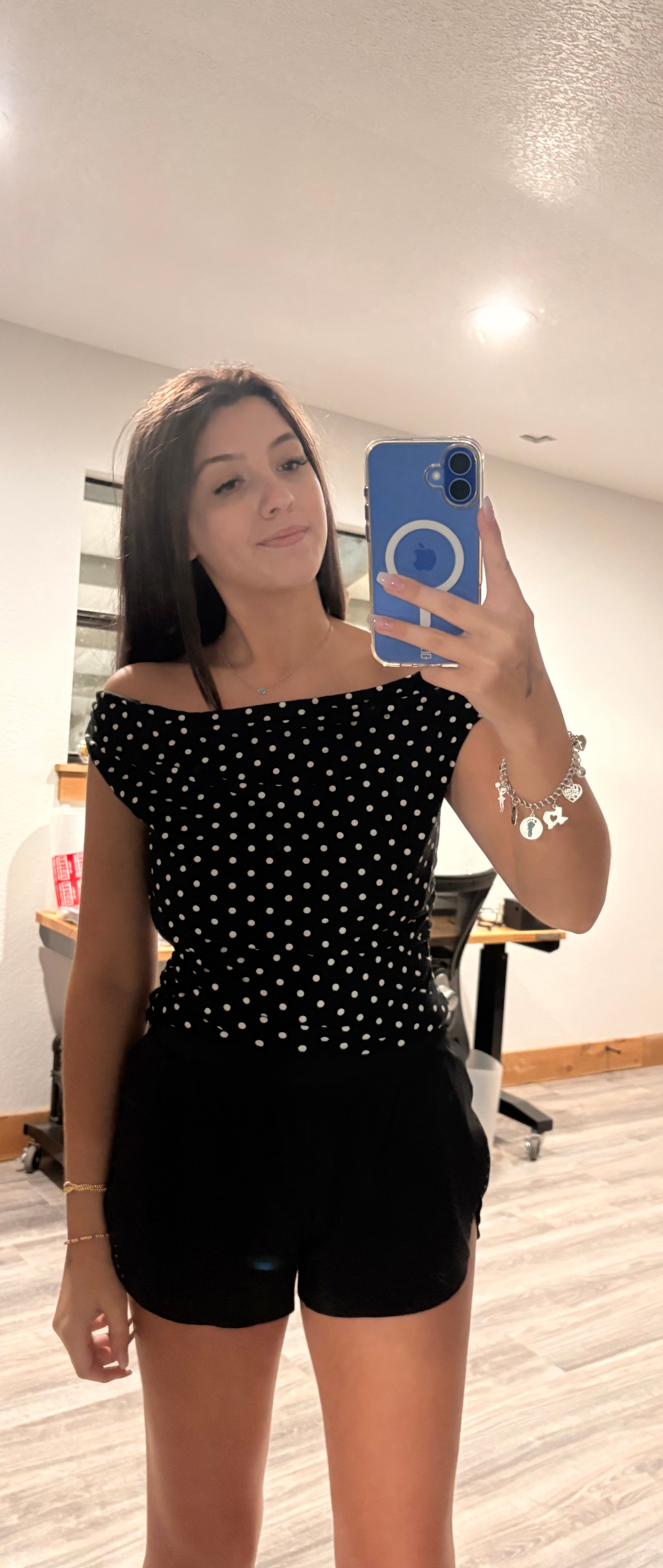 Off the Shoulder Black White Polka Dot Top