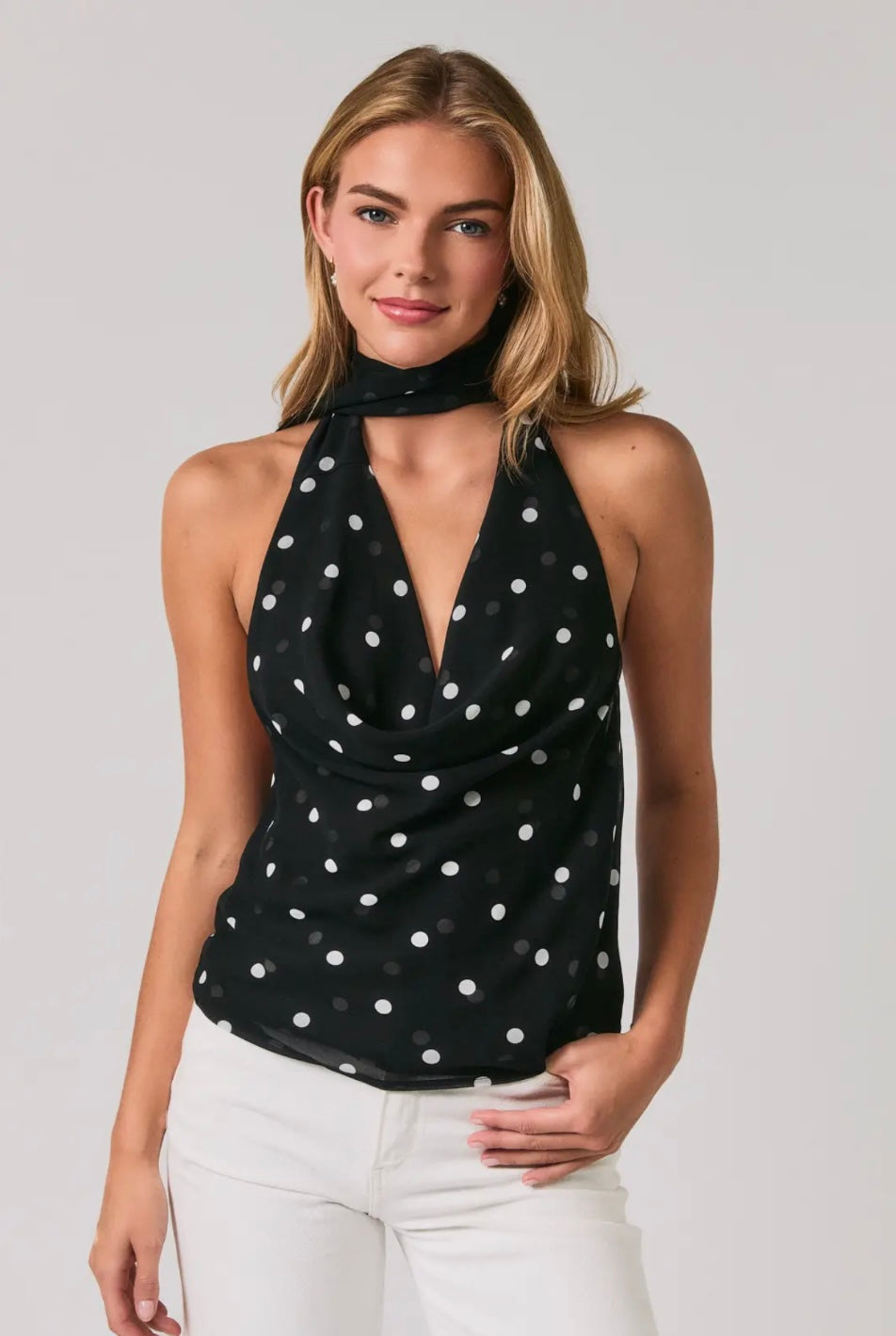 Black/White Polka Dot Cowl Neck Top