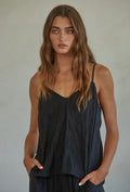 Black Polyester V-Neck Top