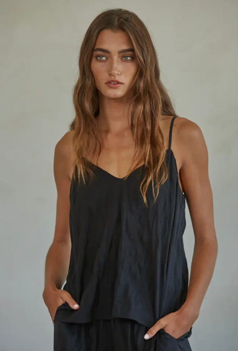 Black Polyester V-Neck Top